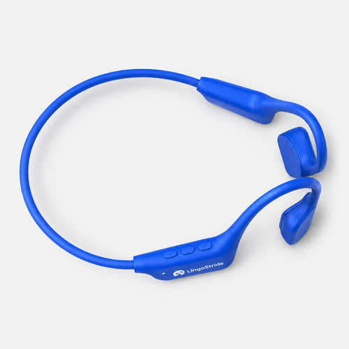 LingoStride Spanish WalkSet open-ear headset, top view showing physical control buttons