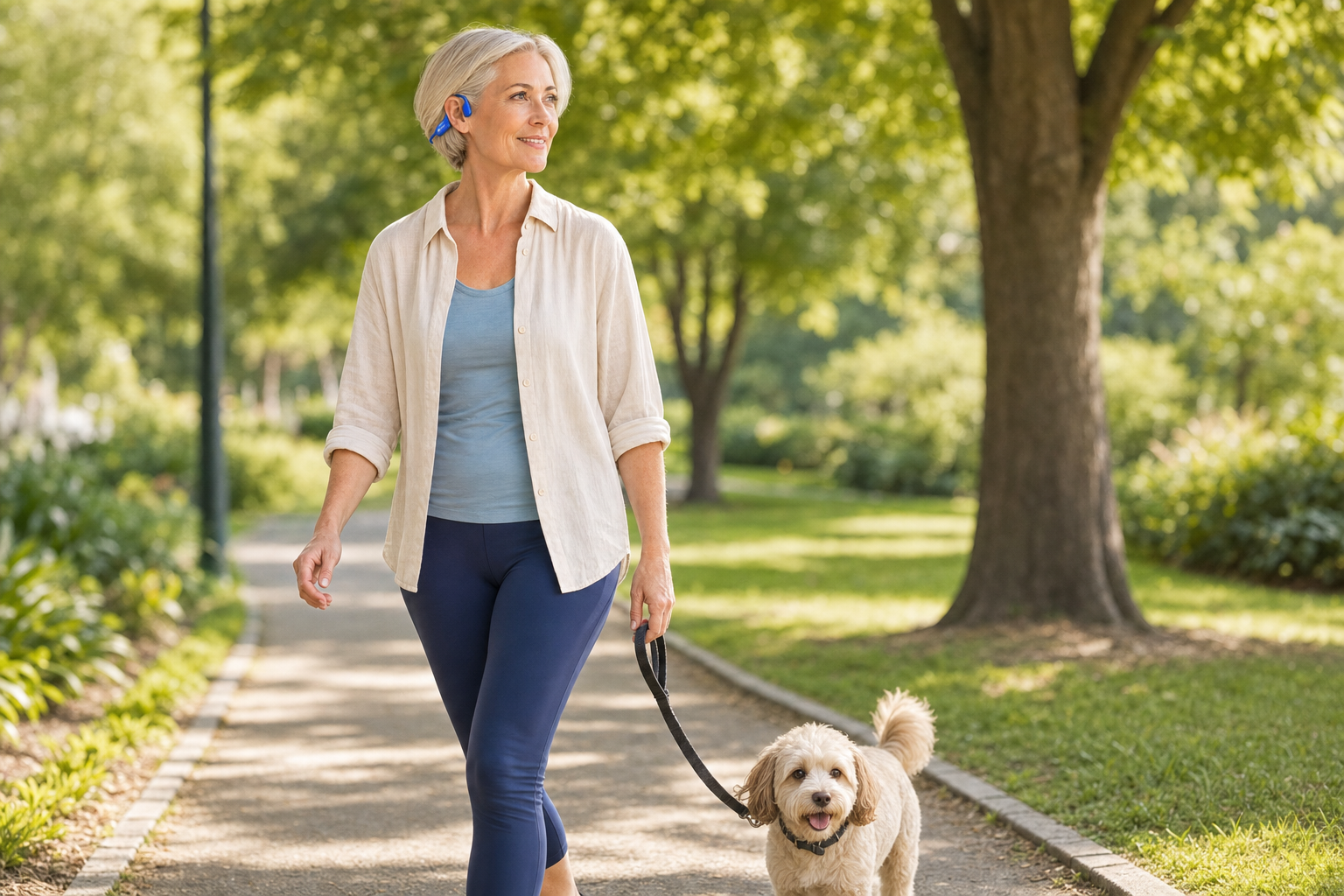 Woman in her 60s walking her dog in a sunny park wearing the blue LingoStride open-ear headset