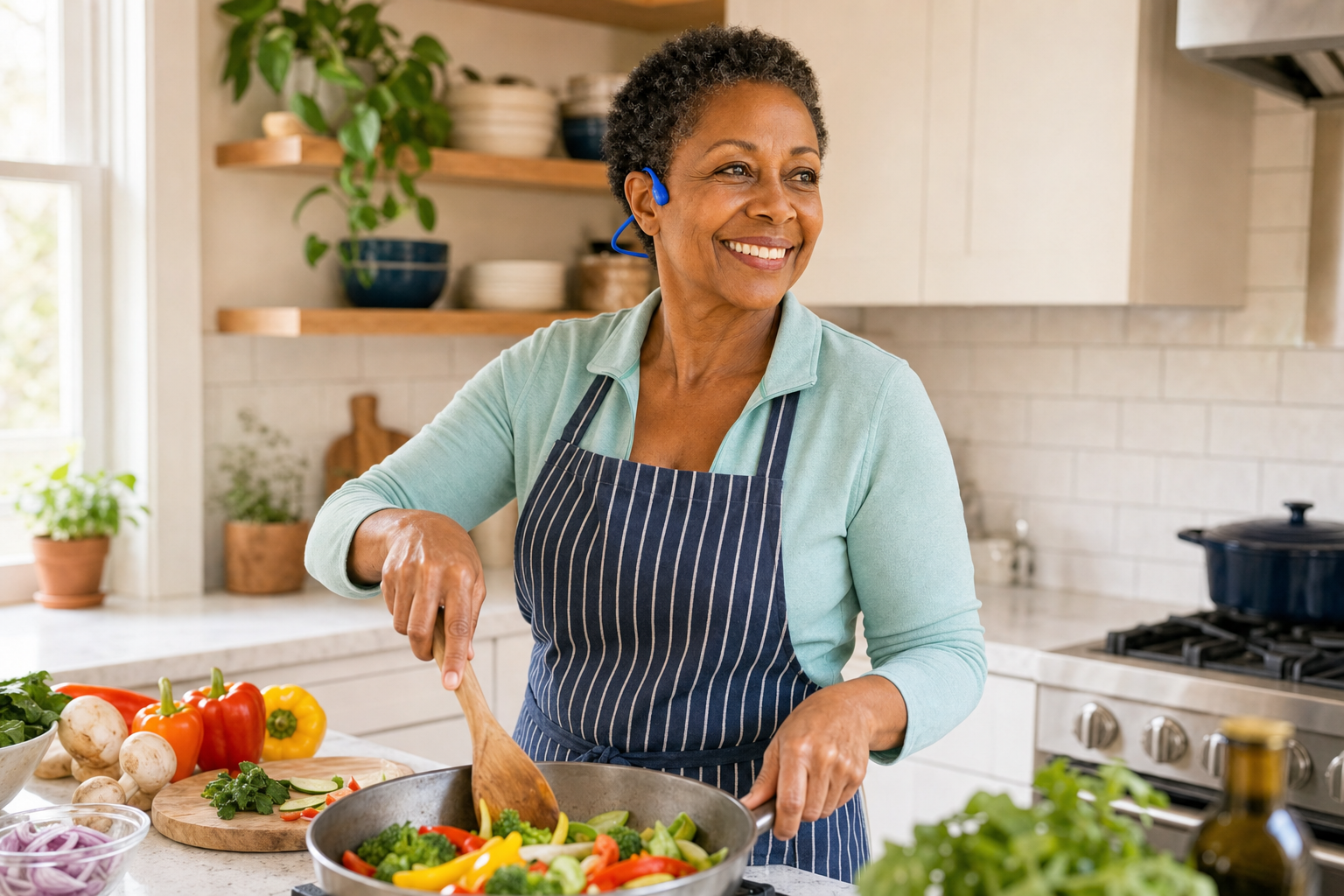 A woman wearing the WalkSet while cooking dinner in her kitchen